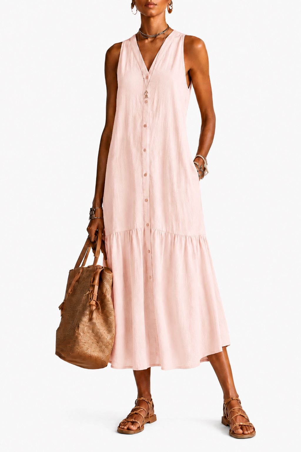 ALBA | Vestido midi de lino y algodón con cuello en V