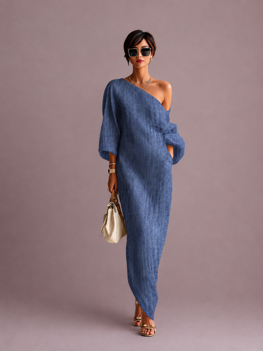 MARINE | Vestido fluido de lino con los hombros descubiertos