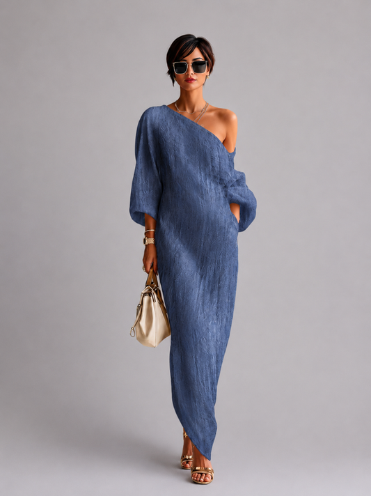 MARINE | Vestido fluido de lino con los hombros descubiertos