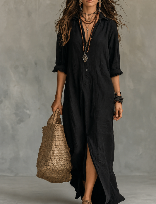 SOLINE | Vestido largo negro tipo maxi con botones