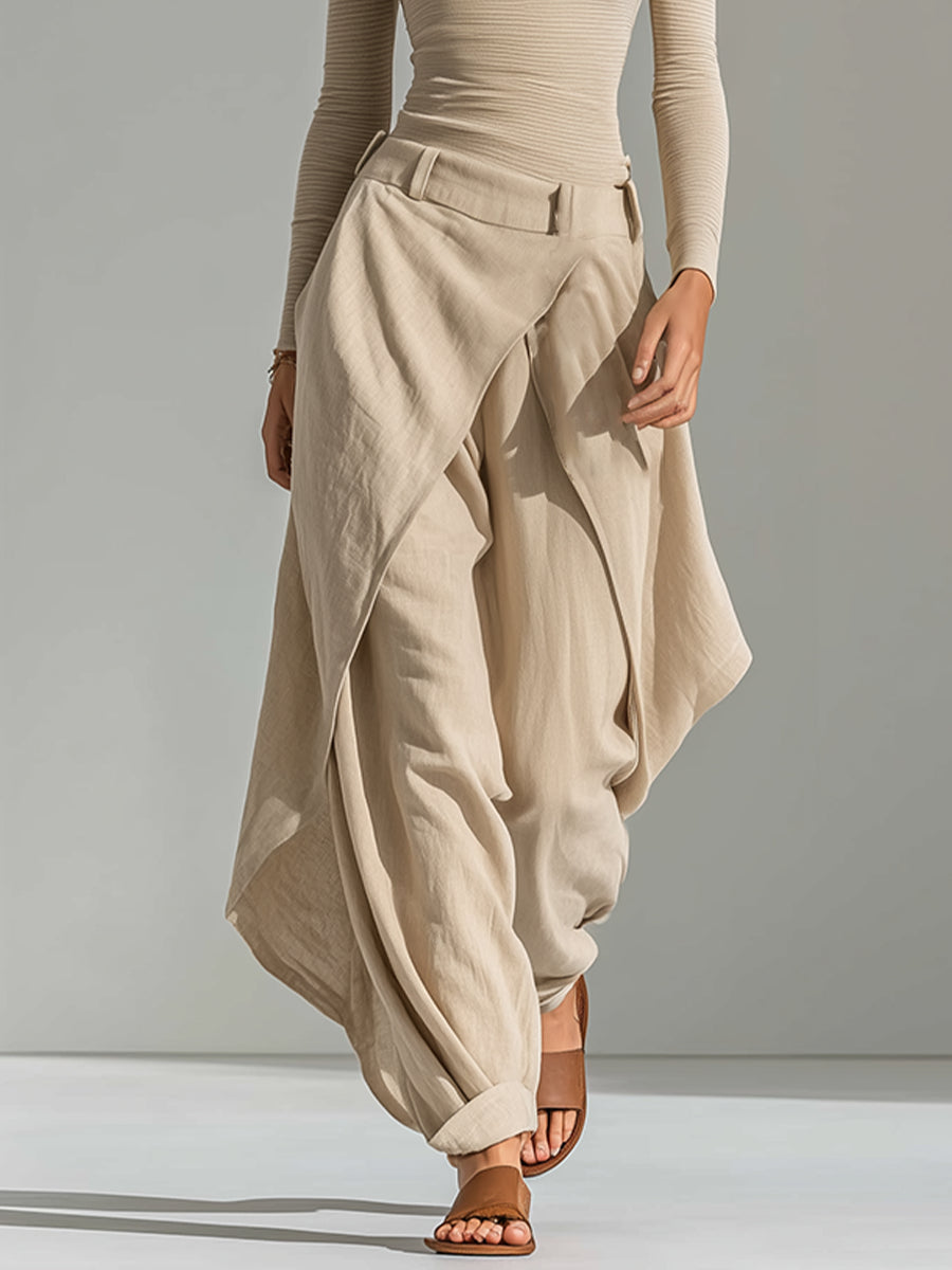GIULIANA | Conjunto de Top Beige de Cuello Barco y Pantalón de Pierna Ancha en Capas