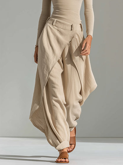 GIULIANA | Conjunto de Top Beige de Cuello Barco y Pantalón de Pierna Ancha en Capas