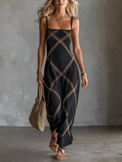 VITTORIA – Vestido Geométrico Negro Camello