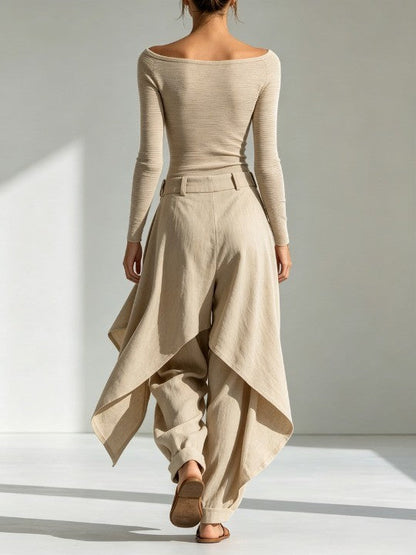 GIULIANA | Conjunto de Top Beige de Cuello Barco y Pantalón de Pierna Ancha en Capas