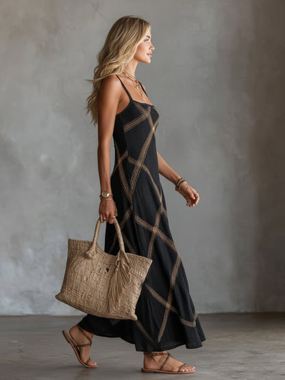 VITTORIA – Vestido Geométrico Negro Camello