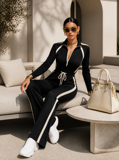 MONICA | Conjunto de Chándal con Rayas en Contraste Negras, Top con Cremallera y Pantalón de Pierna Ancha con Cordón