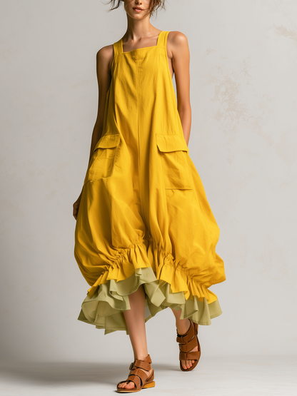 DANIELA | Vestido Midi Globo Sin Mangas con Grandes Bolsillos, Capas y Bajo de Volantes
