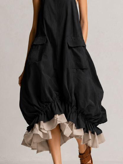 DANIELA | Vestido Midi Globo Sin Mangas con Grandes Bolsillos, Capas y Bajo de Volantes