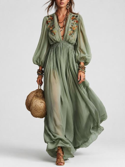 ÉLODINE | Vestido largo de estilo bohemio con estampado floral