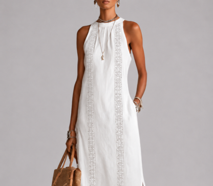 SOFÍA | Vestido midi de algodón y lino con cuello chino
