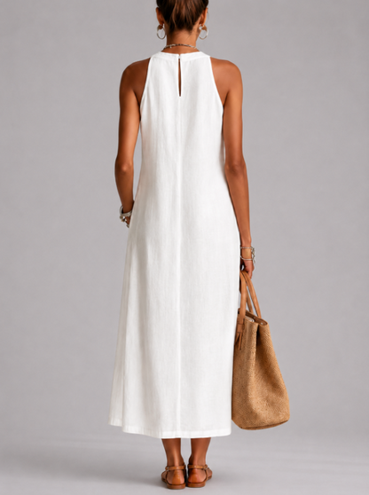SOFÍA | Vestido midi de algodón y lino con cuello chino