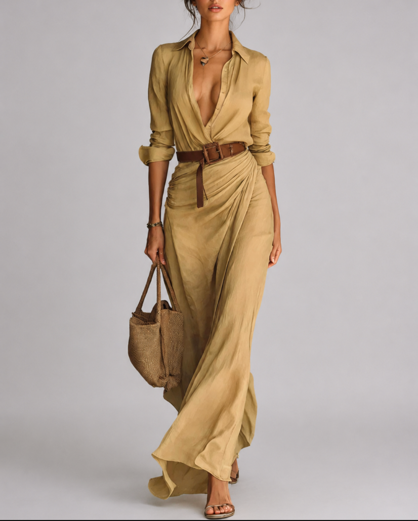 CAMILLE | Vestido largo con solapa y cinturón en la cintura