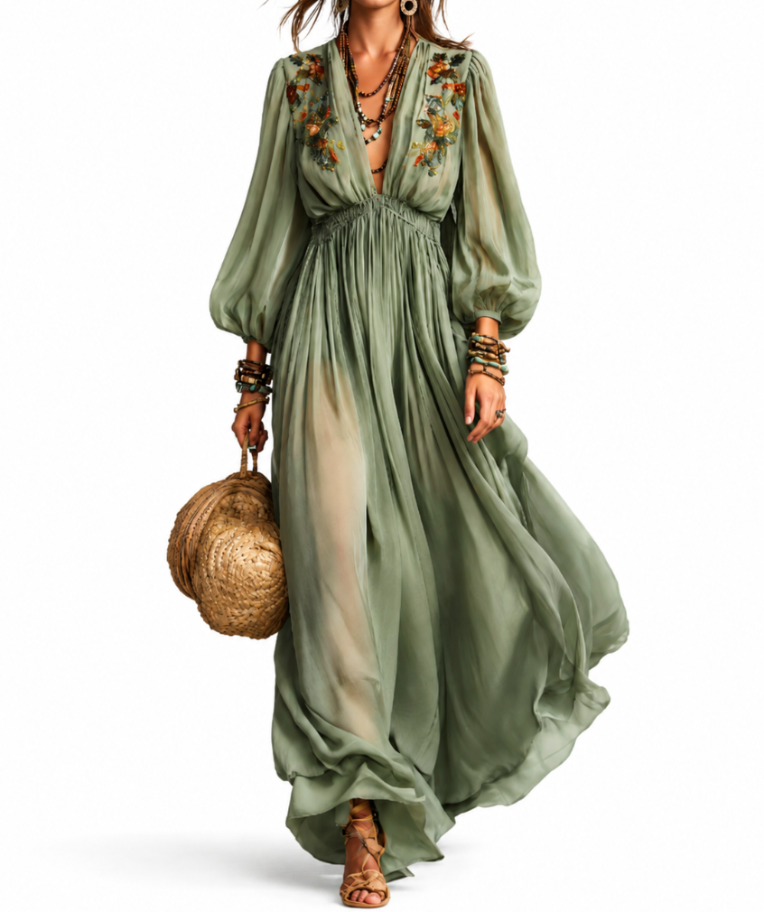 ÉLODINE | Vestido largo de estilo bohemio con estampado floral