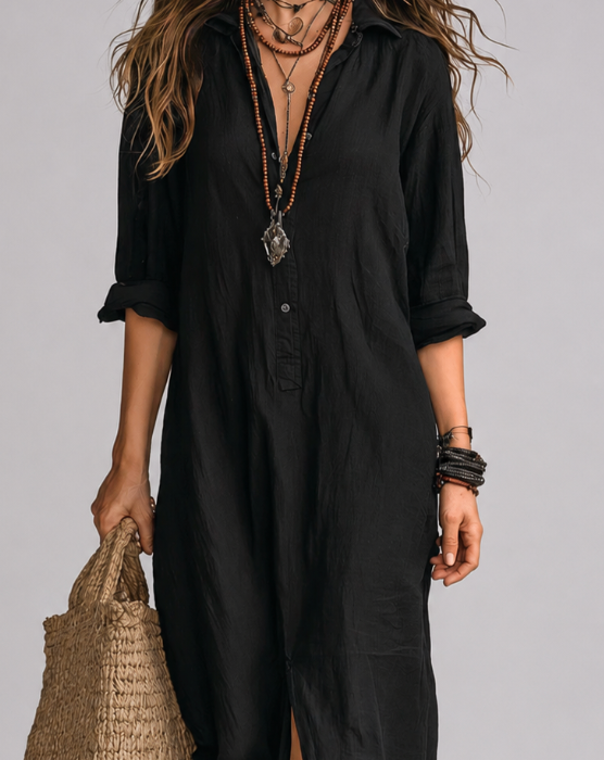 SOLINE | Vestido largo negro tipo maxi con botones