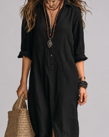 SOLINE | Vestido largo negro tipo maxi con botones