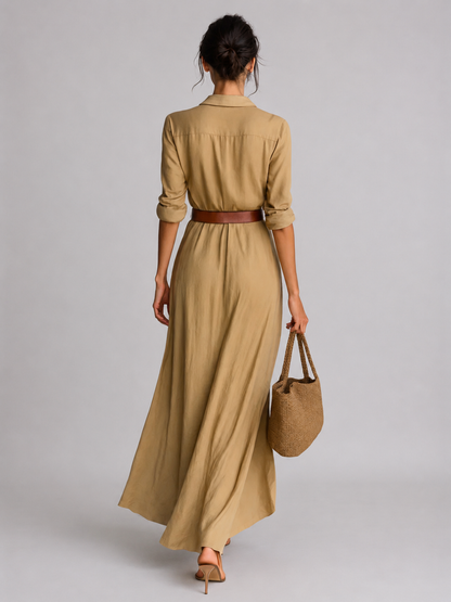 CAMILLE | Vestido largo con solapa y cinturón en la cintura