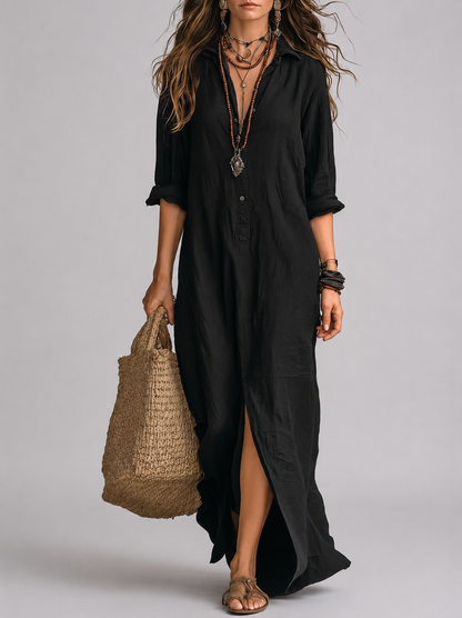 SOLINE | Vestido largo negro tipo maxi con botones