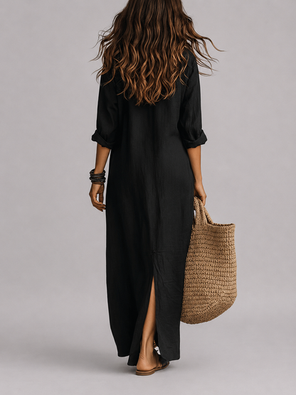 SOLINE | Vestido largo negro tipo maxi con botones
