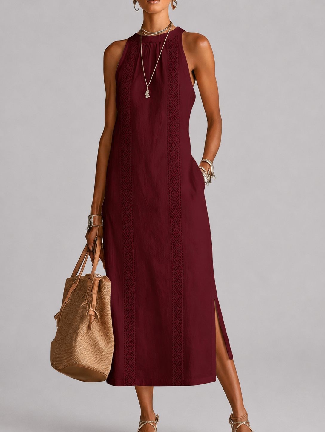 SOFÍA | Vestido midi de algodón y lino con cuello chino