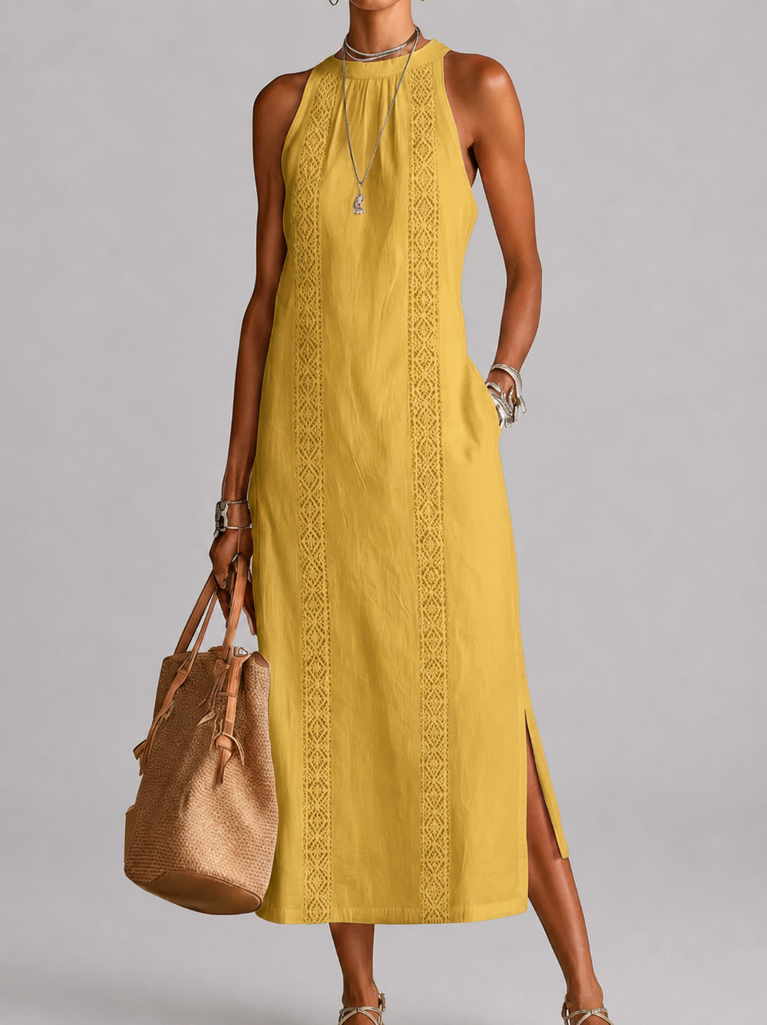 SOFÍA | Vestido midi de algodón y lino con cuello chino