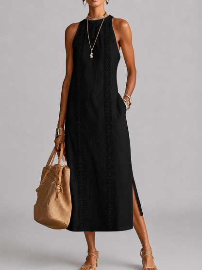 SOFÍA | Vestido midi de algodón y lino con cuello chino