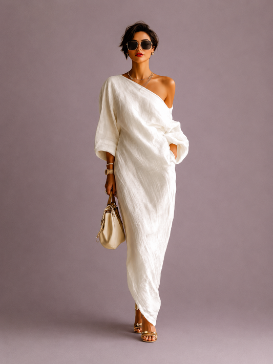 MARINE | Vestido fluido de lino con los hombros descubiertos