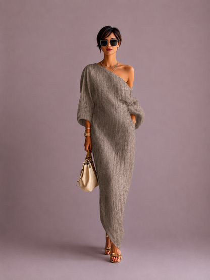MARINE | Vestido fluido de lino con los hombros descubiertos