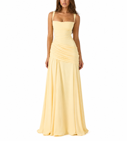 ENIE | Vestido maxi con escote cuadrado fruncido.