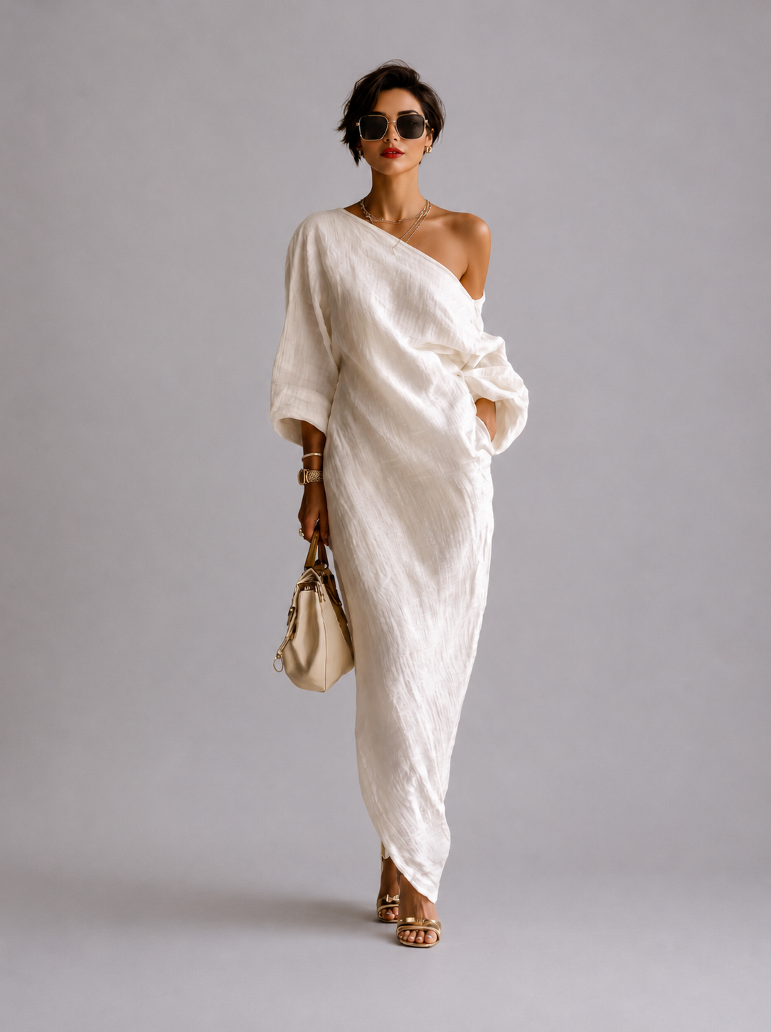 MARINE | Vestido fluido de lino con los hombros descubiertos