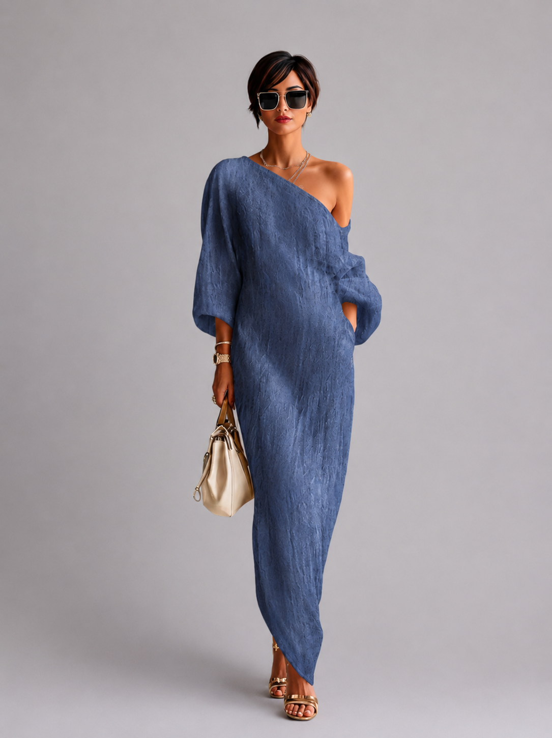 MARINE | Vestido fluido de lino con los hombros descubiertos