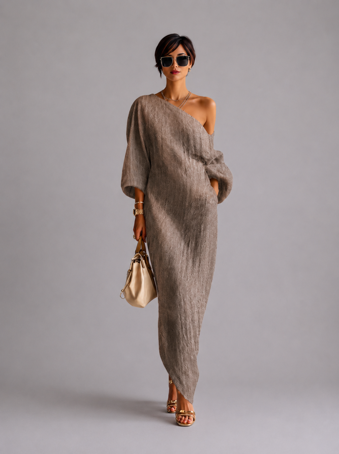 MARINE | Vestido fluido de lino con los hombros descubiertos