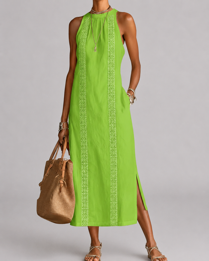 SOFÍA | Vestido midi de algodón y lino con cuello chino
