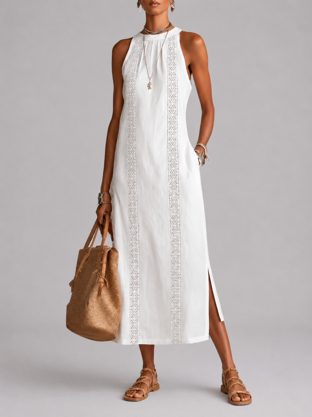 SOFÍA | Vestido midi de algodón y lino con cuello chino