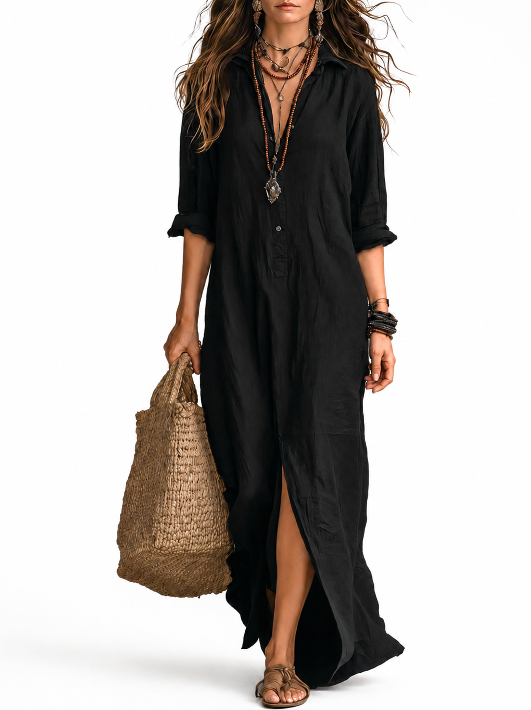 SOLINE | Vestido largo negro tipo maxi con botones