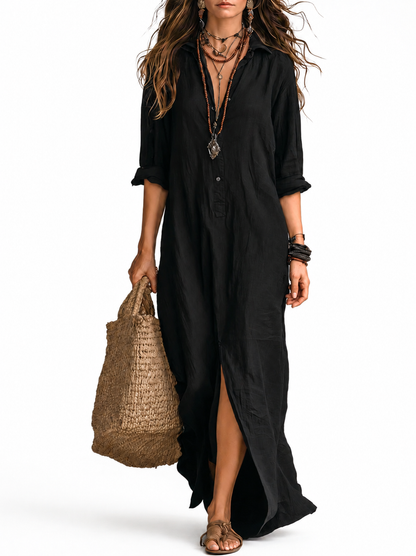 SOLINE | Vestido largo negro tipo maxi con botones