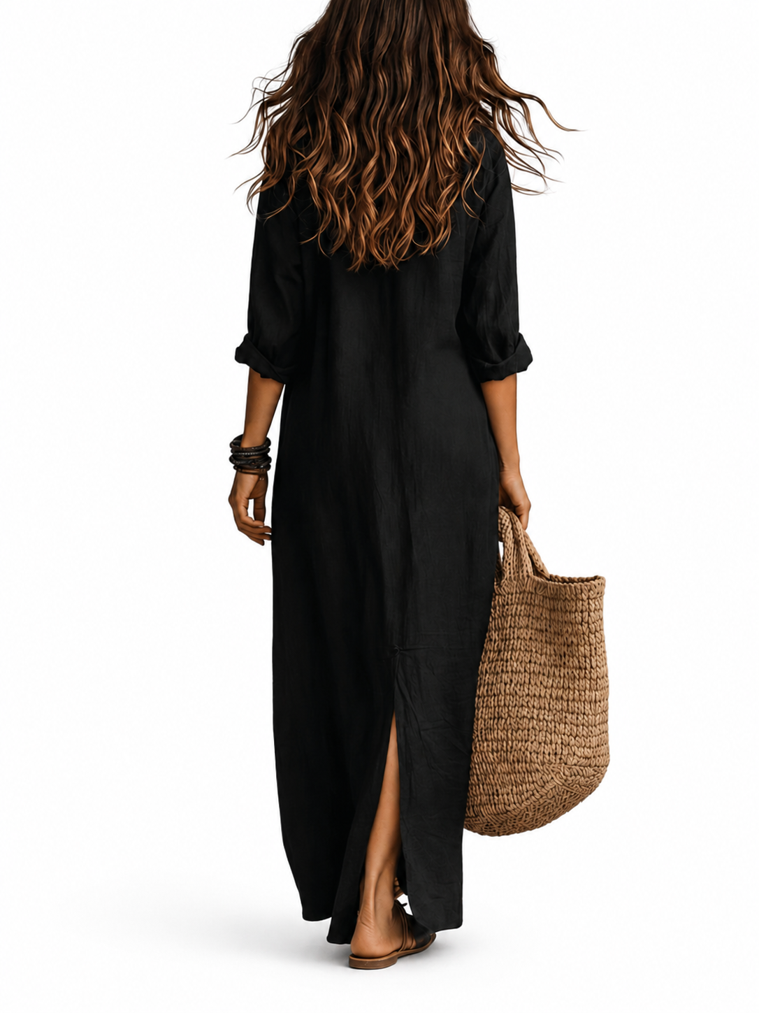 SOLINE | Vestido largo negro tipo maxi con botones