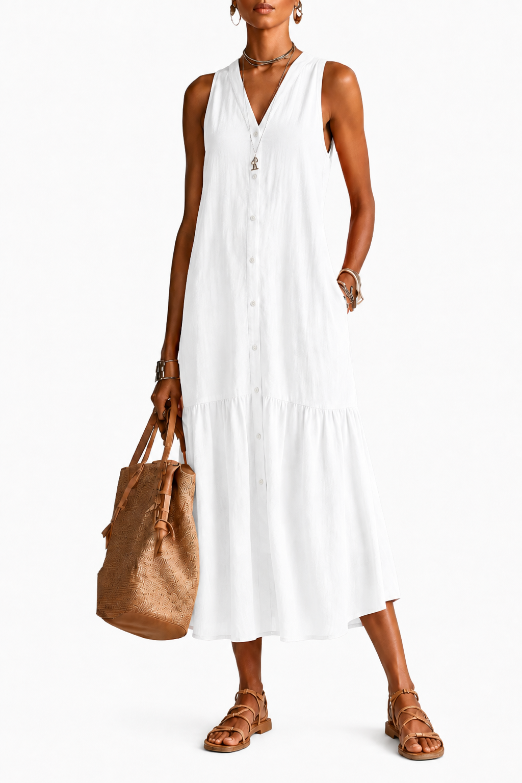 ALBA | Vestido midi de lino y algodón con cuello en V