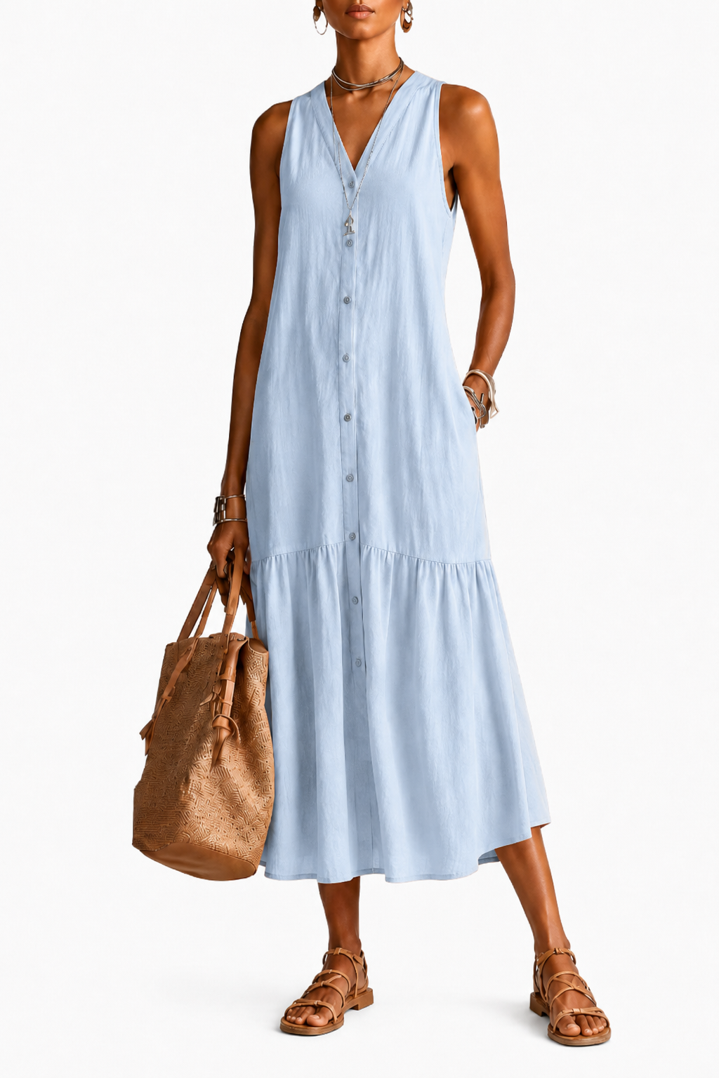 ALBA | Vestido midi de lino y algodón con cuello en V