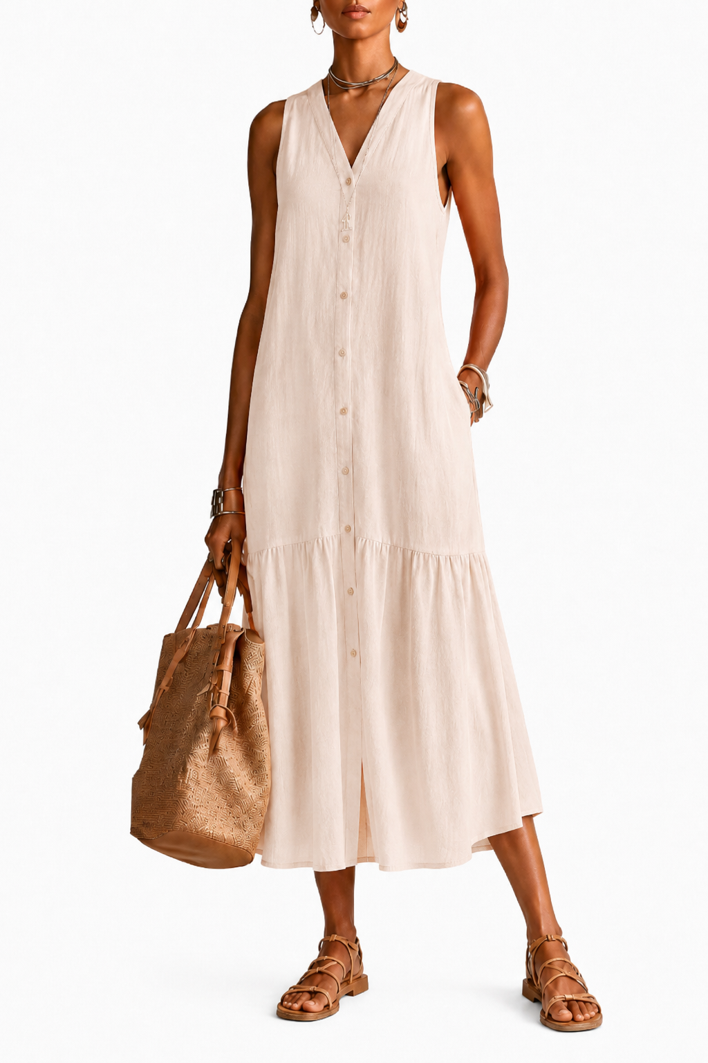 ALBA | Vestido midi de lino y algodón con cuello en V
