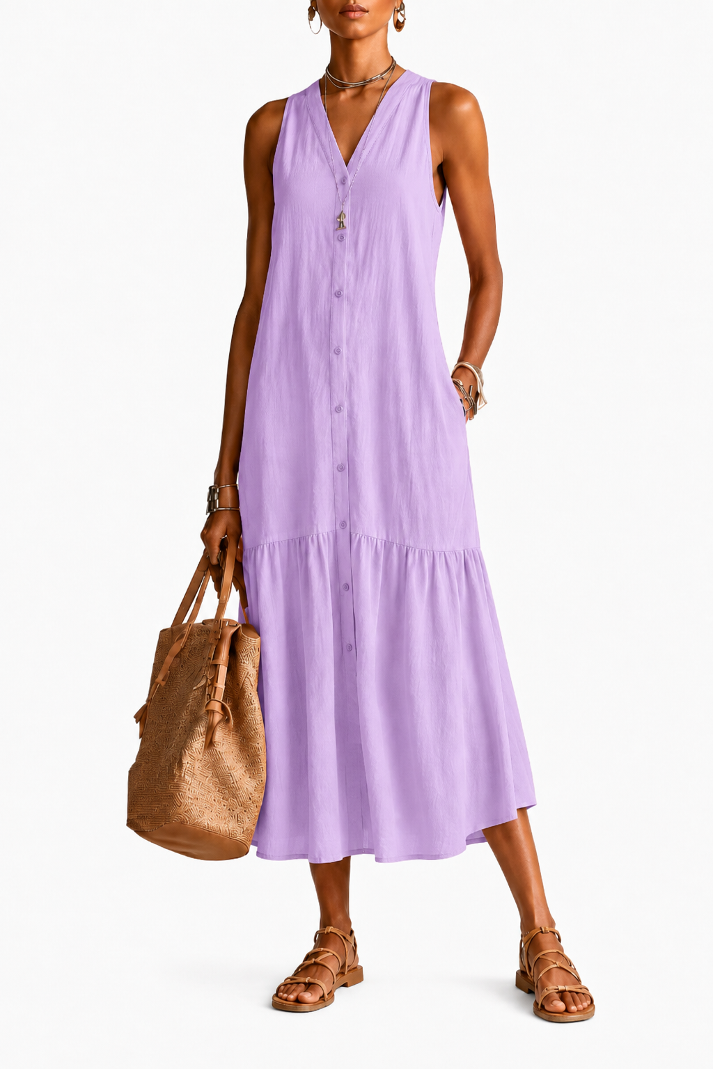 ALBA | Vestido midi de lino y algodón con cuello en V
