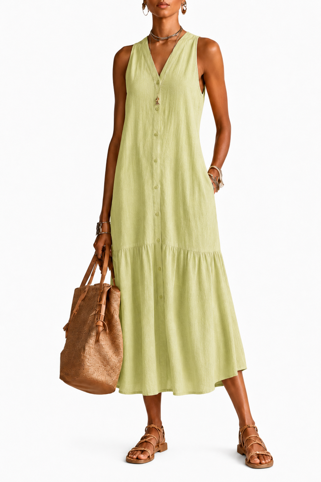 ALBA | Vestido midi de lino y algodón con cuello en V