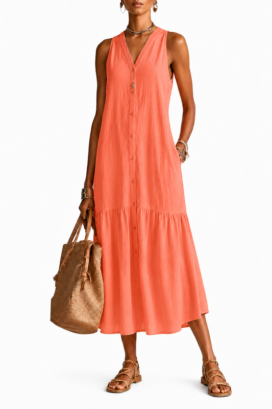 ALBA | Vestido midi de lino y algodón con cuello en V