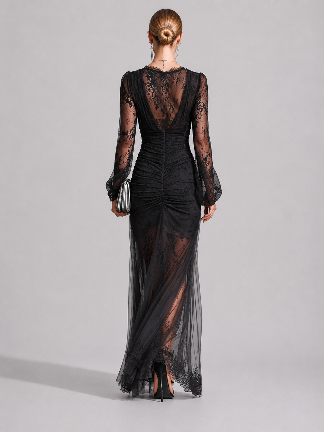 SOFIA | Vestido largo de encaje gris oscuro