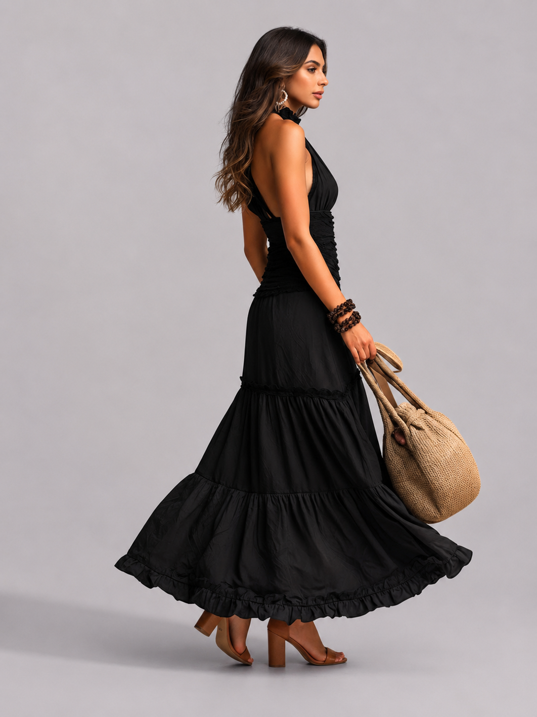 SUSIE | Vestido largo de estilo bohemio con cuello alto y volantes de encaje