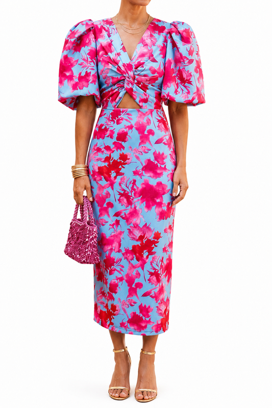 CARLA | Vestido Midi Floral con Mangas Abullonadas