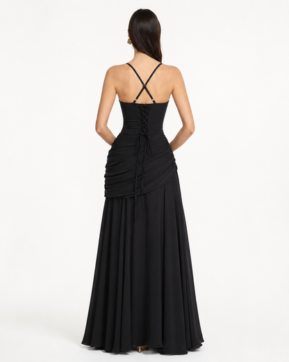 ENIE | Vestido maxi con escote cuadrado fruncido.