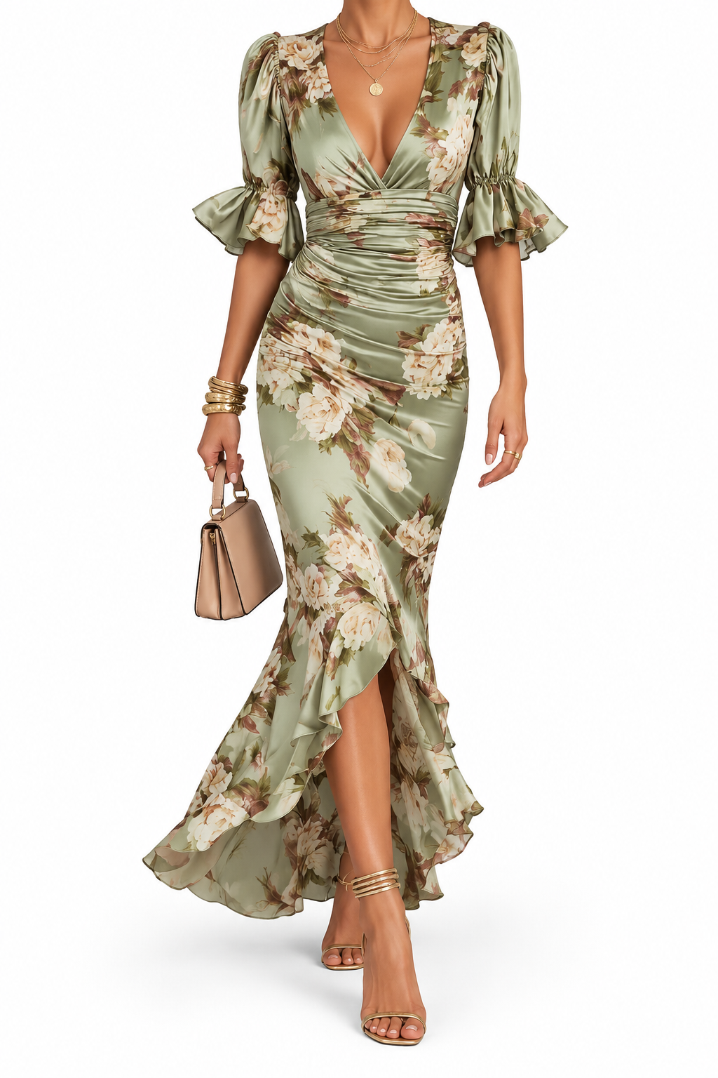 LIORA | Vestido de Satén Floral Fruncido
