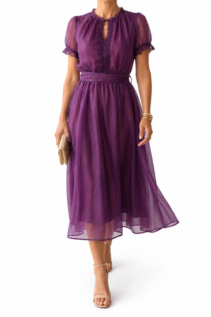 FLAVIA | Maxi Vestido con Escote Gota y Borde de Encaje de Chifón