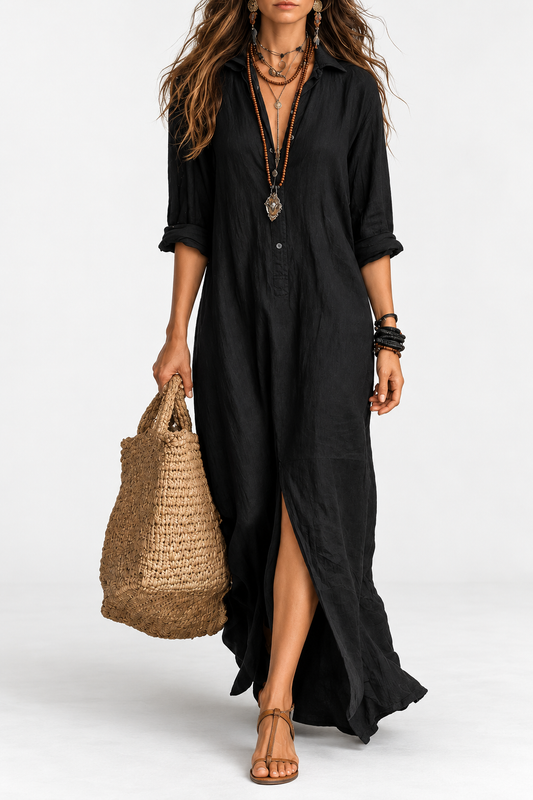 SOLINE | Vestido largo negro tipo maxi con botones