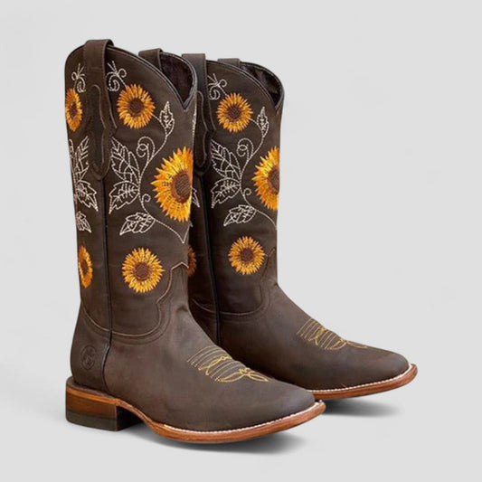 FLORENCIA | Botas camperas bordadas con flores - Marrón oscuro
